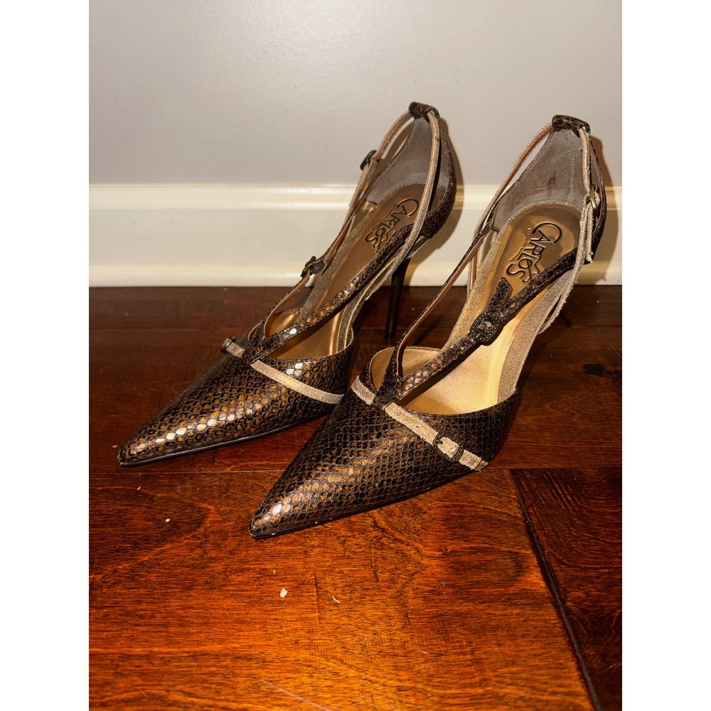 Vintage Carlos by Carlos Santana Snakeskin T-Strap Pointed Toe Pumps Bronze